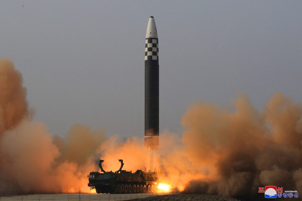General view during the test firing of what state media report is a North Korean "new type" of intercontinental ballistic missile (ICBM)