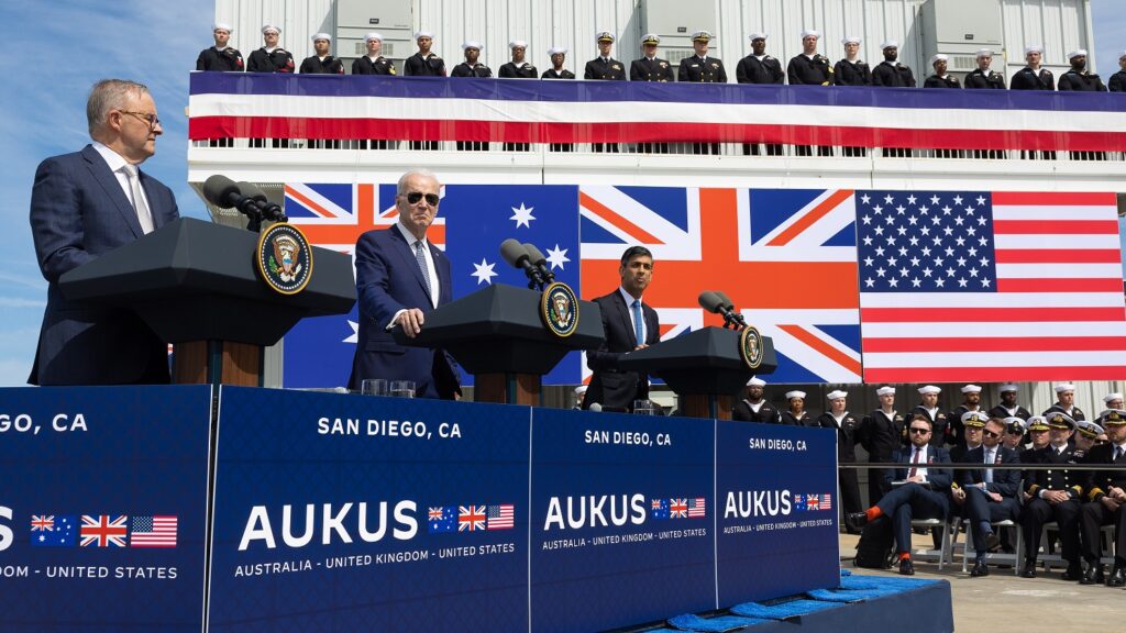 13/03/2023. San Diego, United States. The Prime Minister Rishi Sunak, the Prime Minister of Australia Anthony Albanese and the President of the United States of America Joe Biden make a joint statement about future military collaboration at San Diego Naval Base. Picture by Simon Walker / No 10 Downing Street