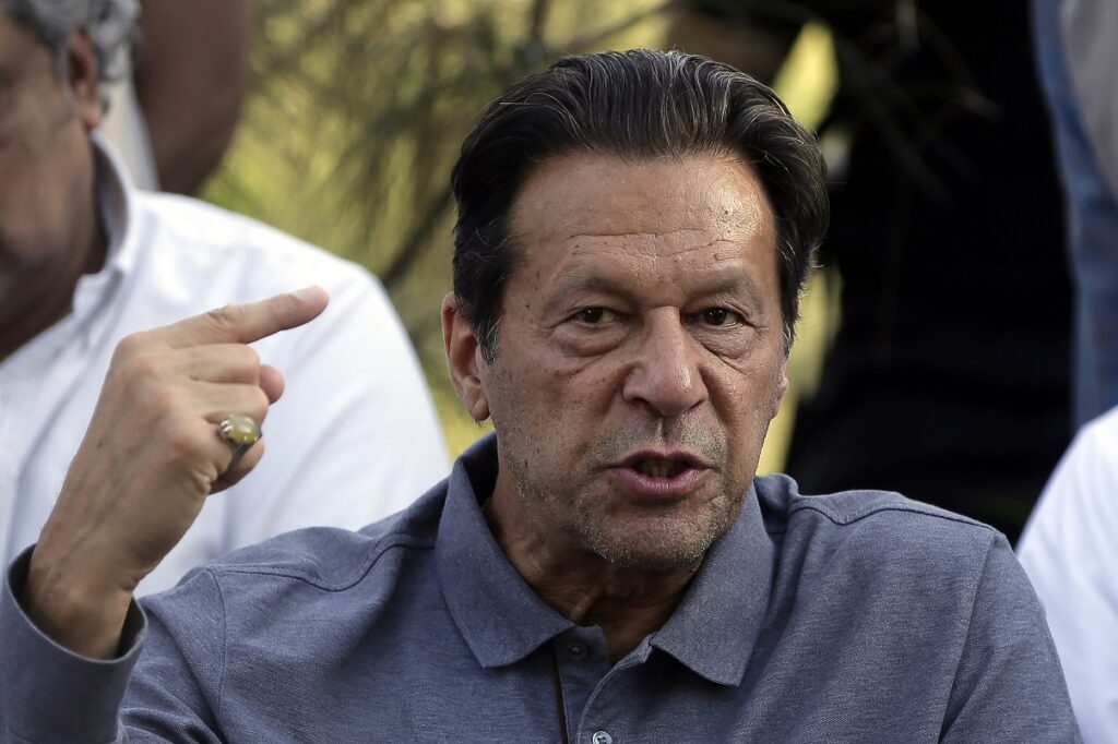 FILE - Former Pakistan's Prime Minister Imran Khan speaks during a news conference in Islamabad on April 23, 2022. Pakistan's elections commission on Friday, Oct. 21, 2022 disqualified former Prime Minister Imran Khan on charges of concealing assets, a move likely to deepen lingering political turmoil in the impoverished country. (AP Photo/Rahmat Gul, File)